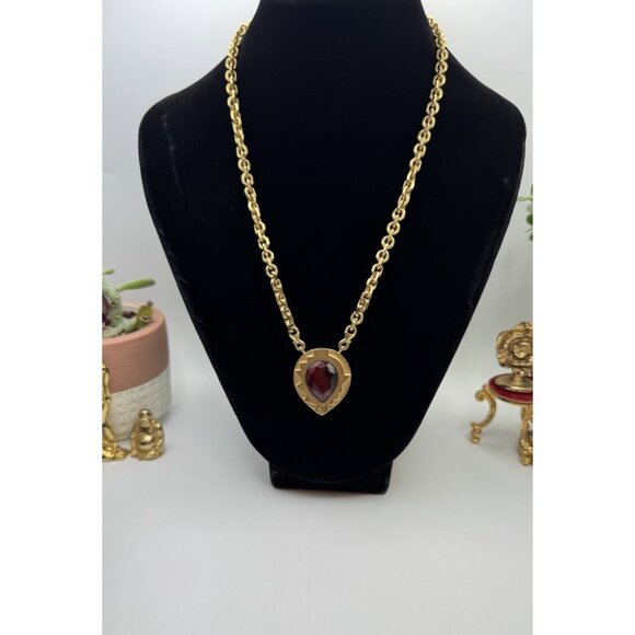 Vintage Monet Art Deco Choker Necklace Gold Red Rhinestone Teadrop 20” Runway - Picture 2 of 10